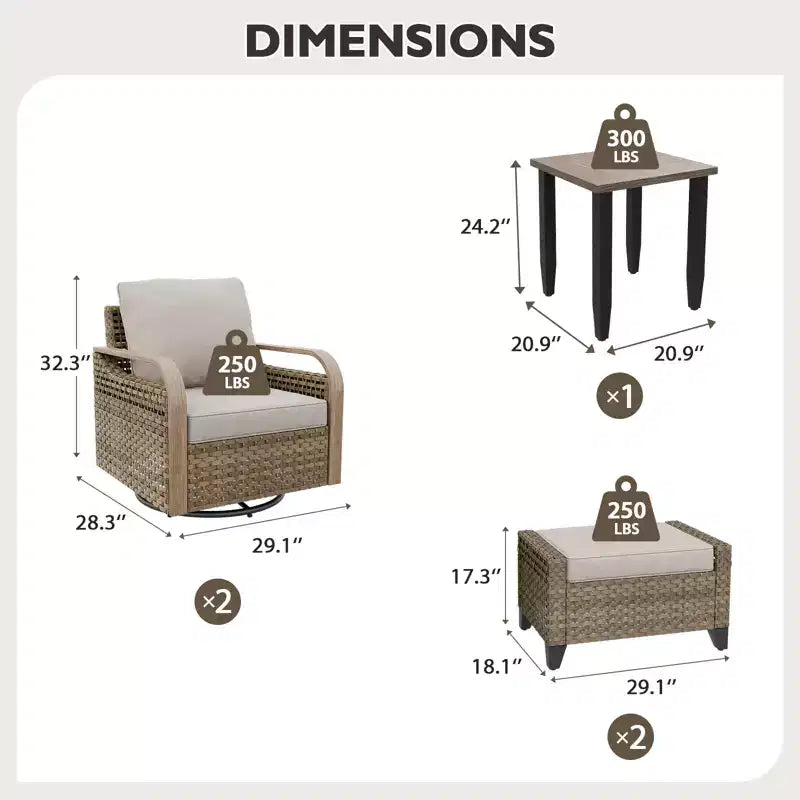 EAGLE PEAK Korbbistro-Tisch und Stühle, Gartenmöbel für Terrasse, schwenkbare Schaukelstühle mit Ottomanen & Tisch, 5-teiliges Set