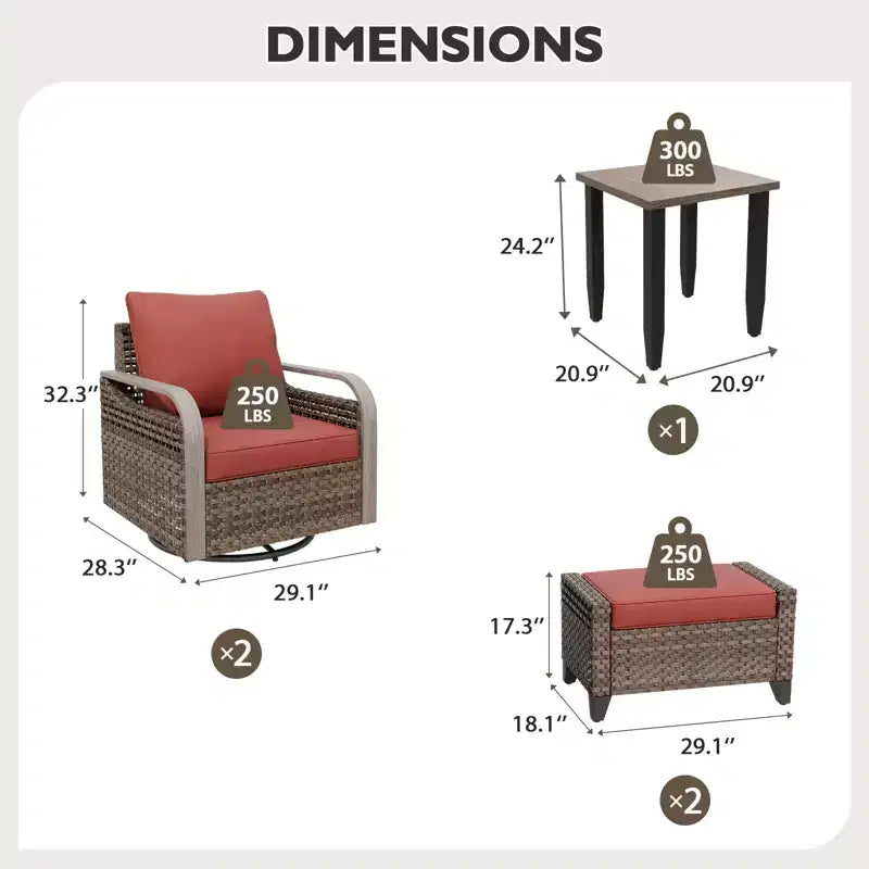 EAGLE PEAK Korbbistro-Tisch und Stühle, Gartenmöbel für Terrasse, schwenkbare Schaukelstühle mit Ottomanen & Tisch, 5-teiliges Set