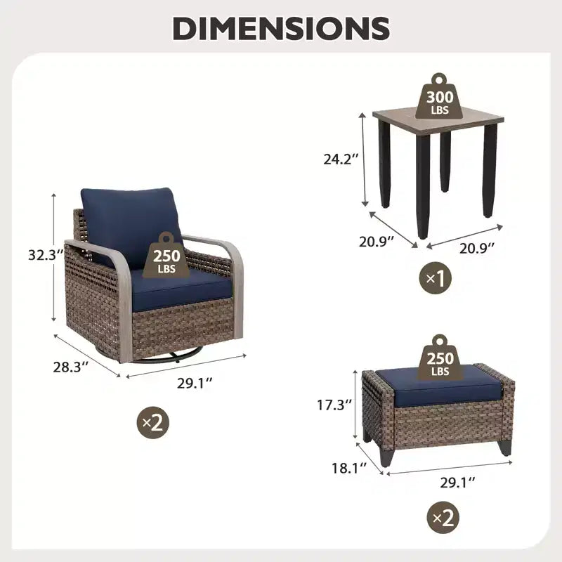 EAGLE PEAK Korbbistro-Tisch und Stühle, Gartenmöbel für Terrasse, schwenkbare Schaukelstühle mit Ottomanen & Tisch, 5-teiliges Set