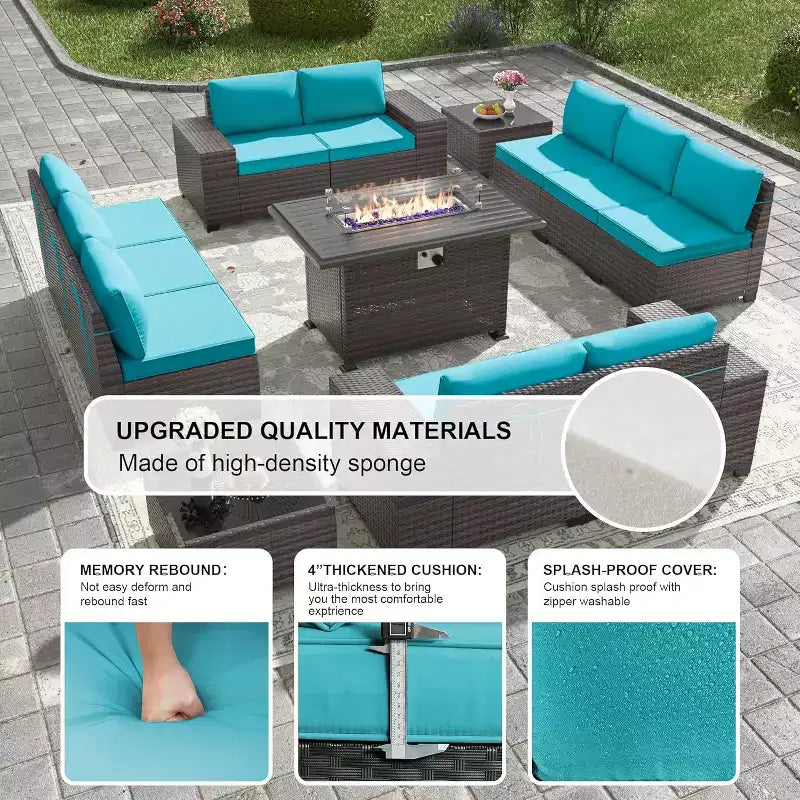 ALAULM Rattan Gartenmöbel-Sets 13-teilig mit Feuerstellentisch, Outdoor-Polyrattan-Sets