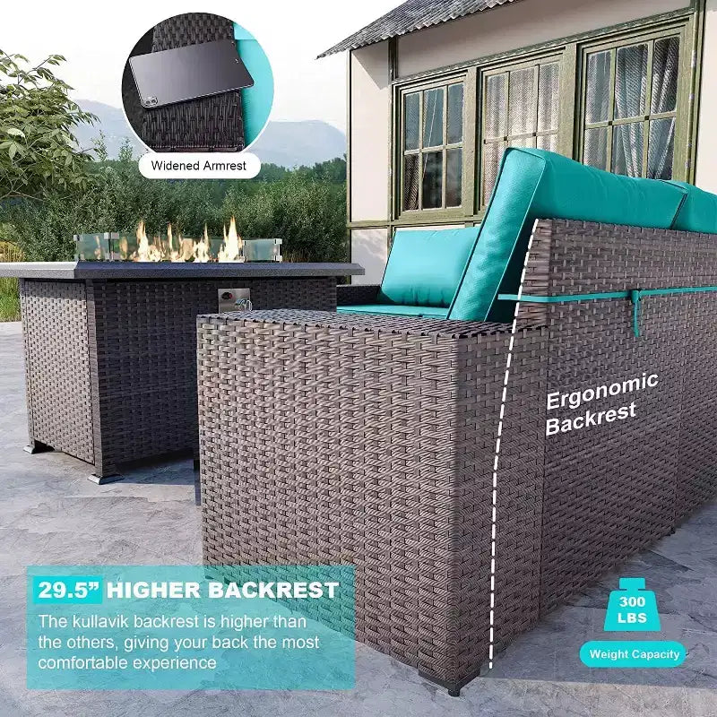 ALAULM Rattan Gartenmöbel-Sets 13-teilig mit Feuerstellentisch, Outdoor-Polyrattan-Sets