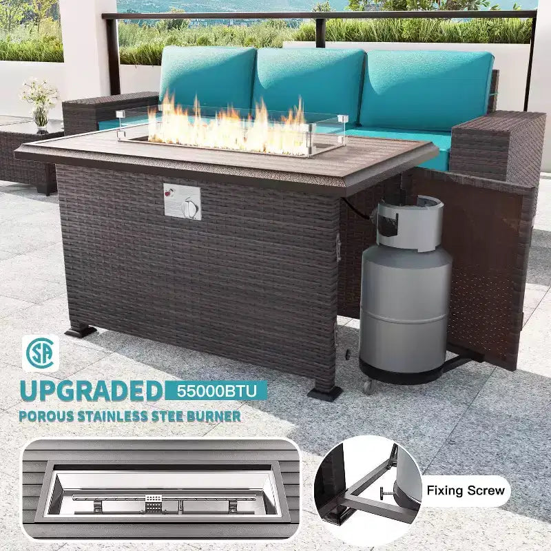 ALAULM Rattan Gartenmöbel-Sets 13-teilig mit Feuerstellentisch, Outdoor-Polyrattan-Sets