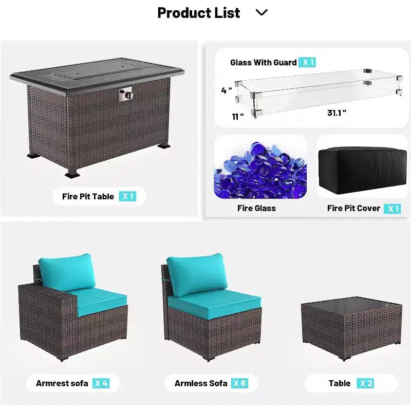 ALAULM Rattan Gartenmöbel-Sets 13-teilig mit Feuerstellentisch, Outdoor-Polyrattan-Sets