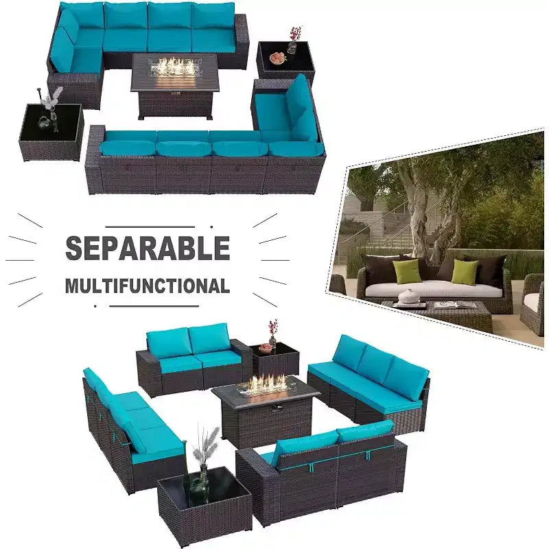 ALAULM Rattan Gartenmöbel-Sets 13-teilig mit Feuerstellentisch, Outdoor-Polyrattan-Sets