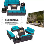 ALAULM Rattan Gartenmöbel-Sets 13-teilig mit Feuerstellentisch, Outdoor-Polyrattan-Sets