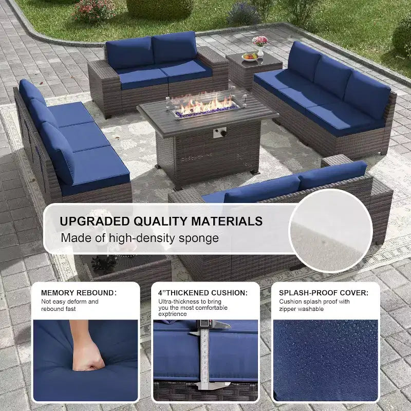 ALAULM Rattan Gartenmöbel-Sets 13-teilig mit Feuerstellentisch, Outdoor-Polyrattan-Sets