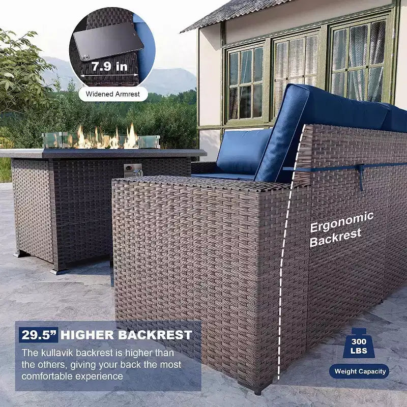 ALAULM Rattan Gartenmöbel-Sets 13-teilig mit Feuerstellentisch, Outdoor-Polyrattan-Sets