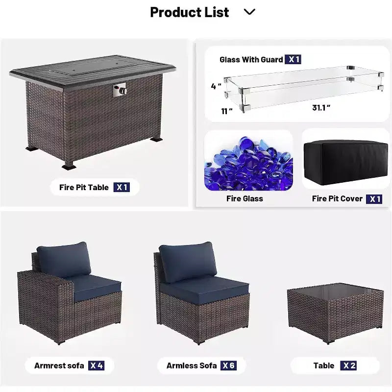 ALAULM Rattan Gartenmöbel-Sets 13-teilig mit Feuerstellentisch, Outdoor-Polyrattan-Sets