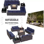 ALAULM Rattan Gartenmöbel-Sets 13-teilig mit Feuerstellentisch, Outdoor-Polyrattan-Sets