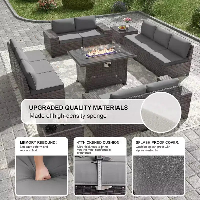 ALAULM Rattan Gartenmöbel-Sets 13-teilig mit Feuerstellentisch, Outdoor-Polyrattan-Sets