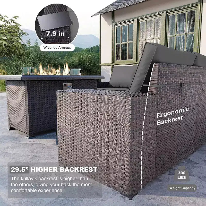 ALAULM Rattan Gartenmöbel-Sets 13-teilig mit Feuerstellentisch, Outdoor-Polyrattan-Sets
