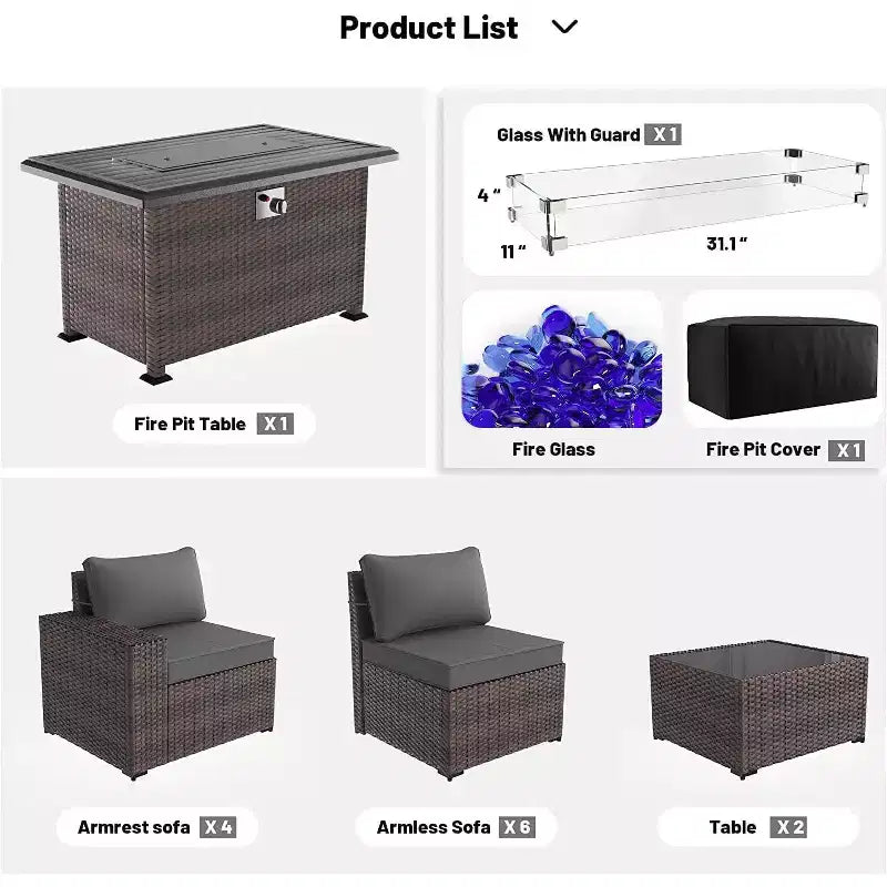 ALAULM Rattan Gartenmöbel-Sets 13-teilig mit Feuerstellentisch, Outdoor-Polyrattan-Sets