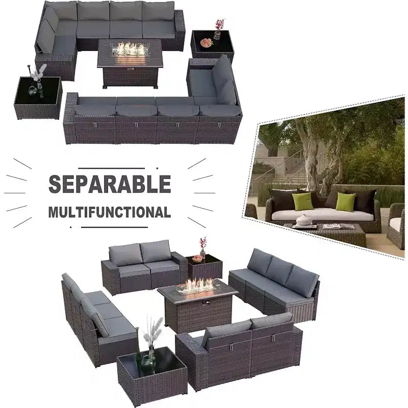 ALAULM Rattan Gartenmöbel-Sets 13-teilig mit Feuerstellentisch, Outdoor-Polyrattan-Sets