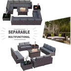 ALAULM Rattan Gartenmöbel-Sets 13-teilig mit Feuerstellentisch, Outdoor-Polyrattan-Sets