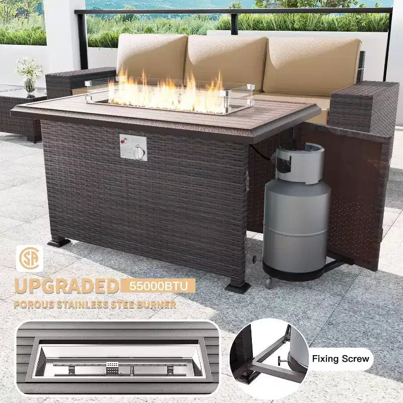 ALAULM Rattan Gartenmöbel-Sets 13-teilig mit Feuerstellentisch, Outdoor-Polyrattan-Sets