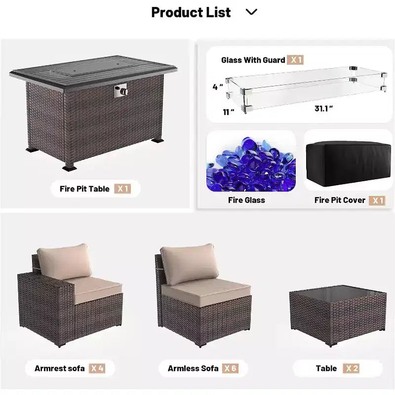 ALAULM Rattan Gartenmöbel-Sets 13-teilig mit Feuerstellentisch, Outdoor-Polyrattan-Sets