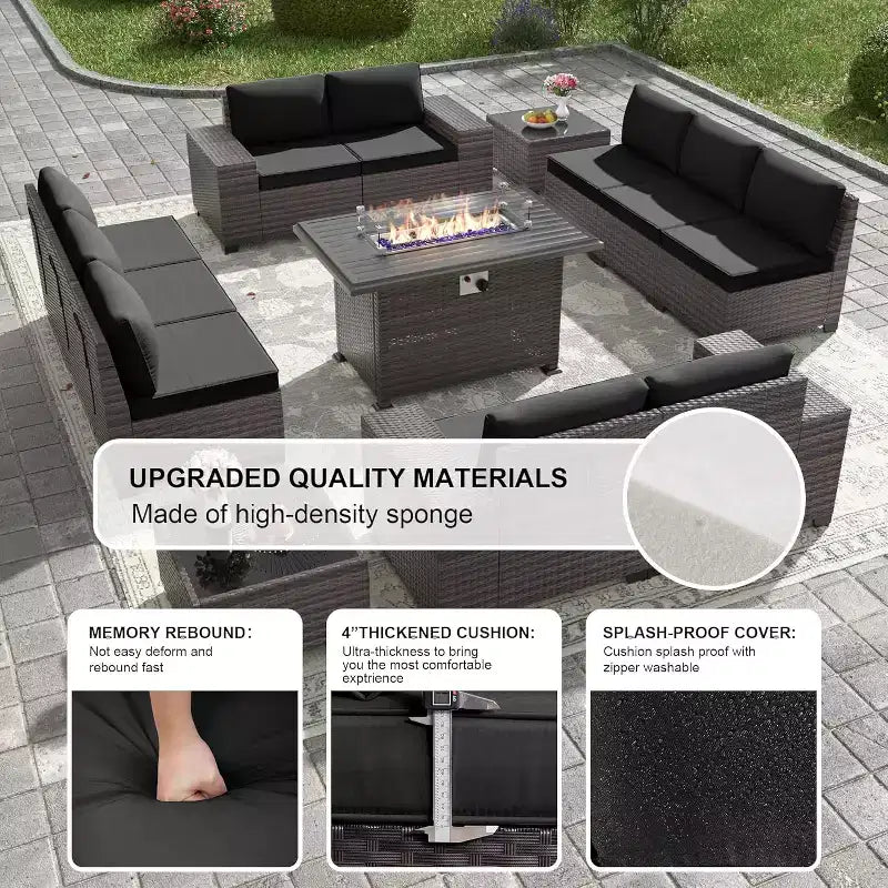 ALAULM Rattan Gartenmöbel-Sets 13-teilig mit Feuerstellentisch, Outdoor-Polyrattan-Sets