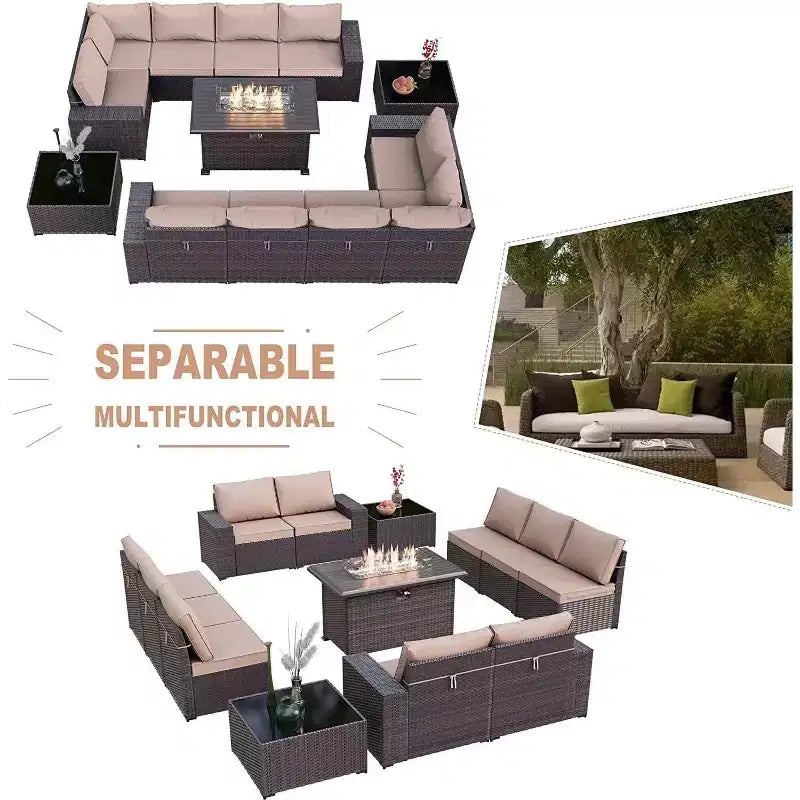 ALAULM Rattan Gartenmöbel-Sets 13-teilig mit Feuerstellentisch, Outdoor-Polyrattan-Sets