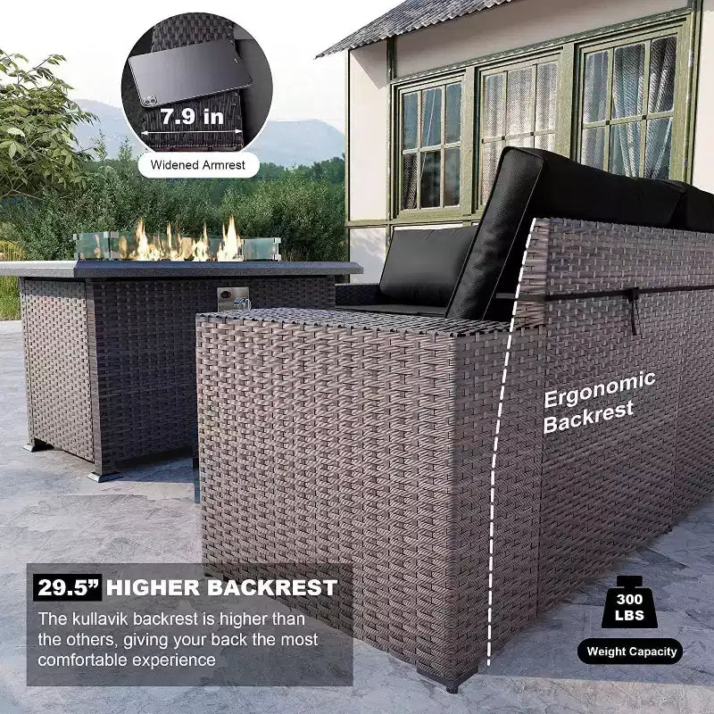 ALAULM Rattan Gartenmöbel-Sets 13-teilig mit Feuerstellentisch, Outdoor-Polyrattan-Sets
