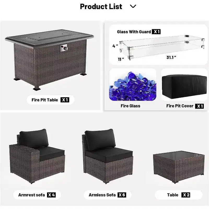 ALAULM Rattan Gartenmöbel-Sets 13-teilig mit Feuerstellentisch, Outdoor-Polyrattan-Sets