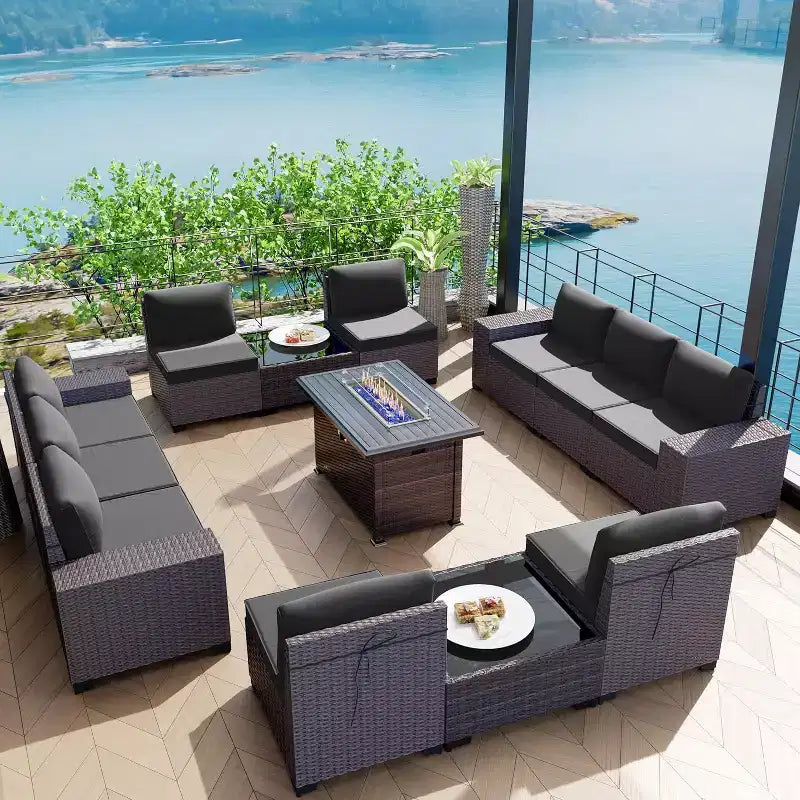 ALAULM Rattan Patio Furniture Sets 13 PCS w/Firepit table, outdoor wicker sets