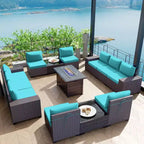 ALAULM Rattan Gartenmöbel-Sets 13-teilig mit Feuerstellentisch, Outdoor-Polyrattan-Sets