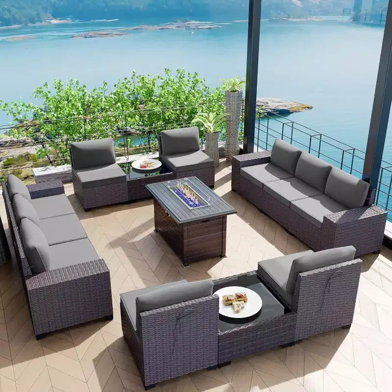 ALAULM Rattan Gartenmöbel-Sets 13-teilig mit Feuerstellentisch, Outdoor-Polyrattan-Sets