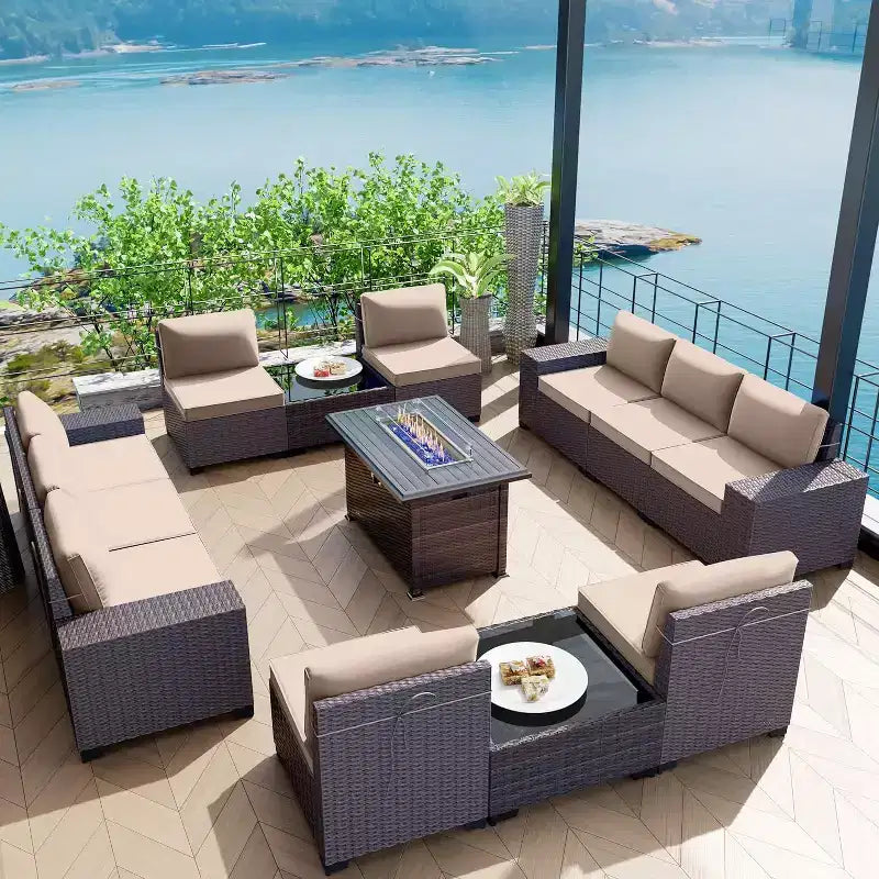 ALAULM Rattan Gartenmöbel-Sets 13-teilig mit Feuerstellentisch, Outdoor-Polyrattan-Sets