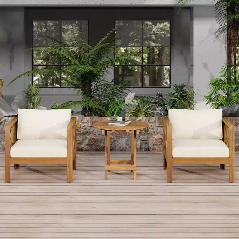NAYSAYE Patio Chaise Lounges Outdoor Wood Conversation Set Two Seats with Cushions and Acacia Table for Patio, Beige and Teak, 28.7*27.9*24