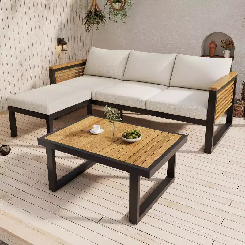 Christopher Knight Home Faye Terrassenmöbel-Set aus Akazie und Metall mit Polsterung und Lamellendesign