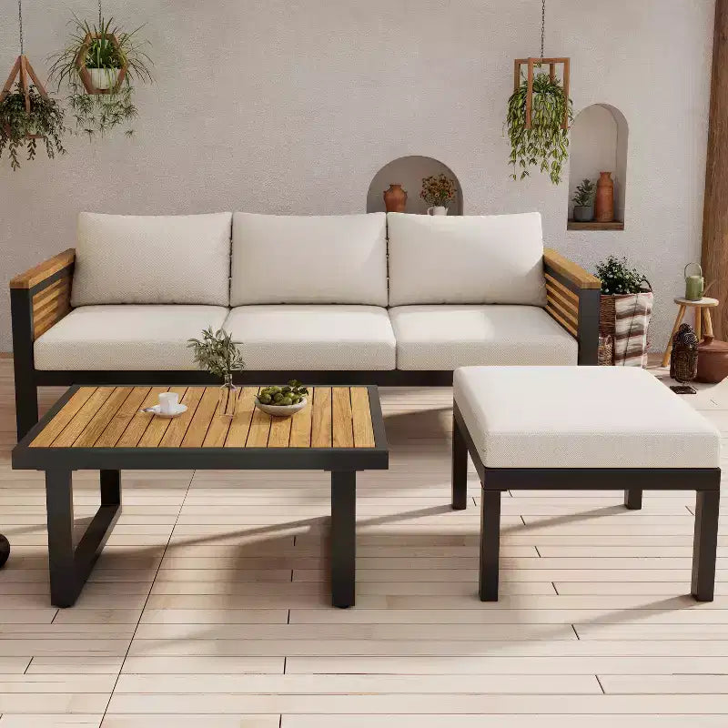 Christopher Knight Home Faye Patio Acacia and Metal Upholstered Seating Set with Slat Design