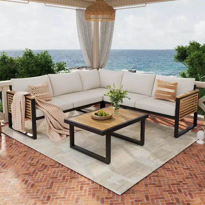 Christopher Knight Home Faye Terrassenmöbel-Set aus Akazie und Metall mit Polsterung und Lamellendesign