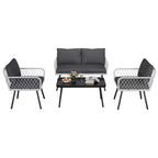 4Pcs Iron Frame Wicker Sofa Set - 2 Single Chairs, 1 Double Sofa, 1 Coffee Table, Diamond Weave Pattern, Modern Patio Furniture
