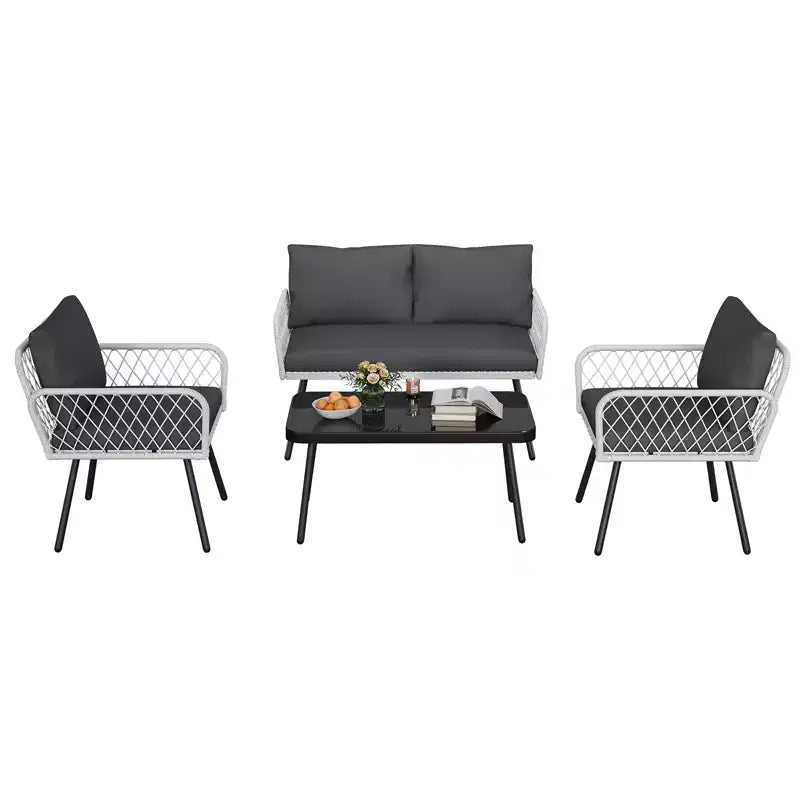 4Pcs Iron Frame Wicker Sofa Set - 2 Single Chairs, 1 Double Sofa, 1 Coffee Table, Diamond Weave Pattern, Modern Patio Furniture
