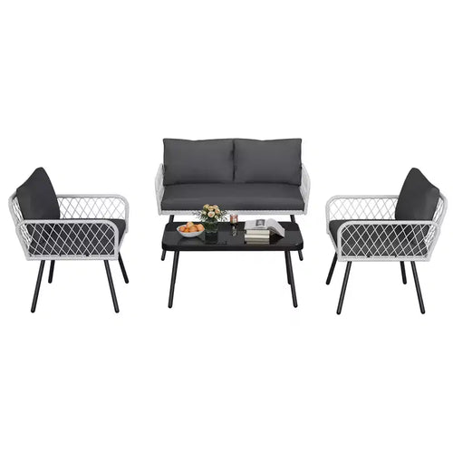 4Pcs Iron Frame Wicker Sofa Set - 2 Single Chairs, 1 Double Sofa, 1 Coffee Table, Diamond Weave Pattern, Modern Patio Furniture