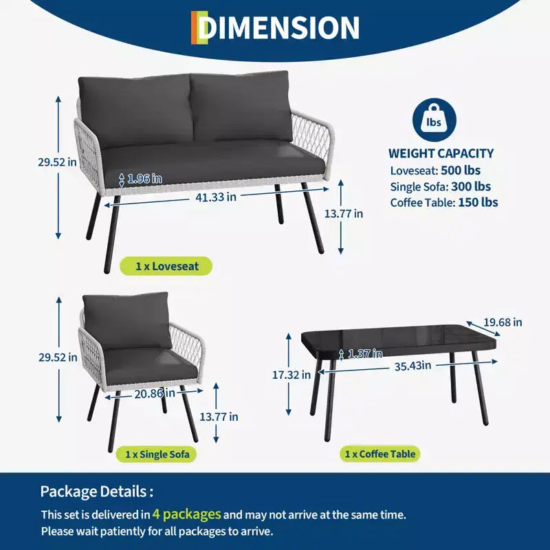 4-teiliges Loungeset mit Eisenrahmen und Korbmöbeln – 2 Einzelsessel, 1 Zweisitzer-Sofa, 1 Couchtisch, Rautenmuster, moderne Terrassenmöbel