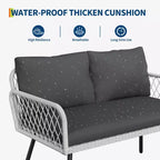 4-teiliges Loungeset mit Eisenrahmen und Korbmöbeln – 2 Einzelsessel, 1 Zweisitzer-Sofa, 1 Couchtisch, Rautenmuster, moderne Terrassenmöbel