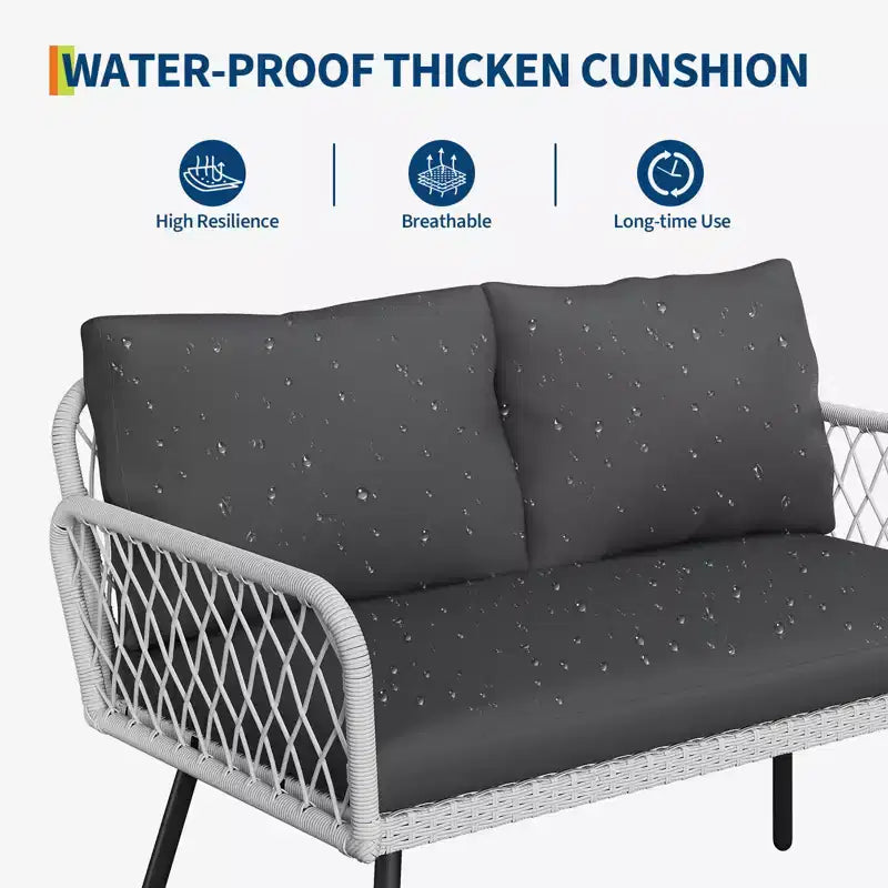 4-teiliges Loungeset mit Eisenrahmen und Korbmöbeln – 2 Einzelsessel, 1 Zweisitzer-Sofa, 1 Couchtisch, Rautenmuster, moderne Terrassenmöbel