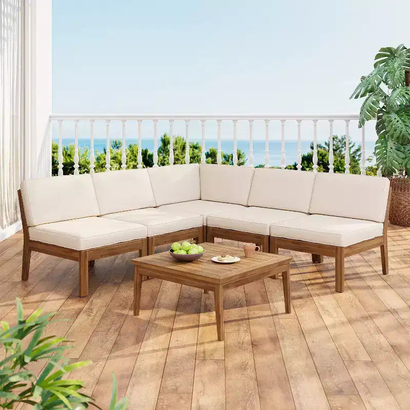 Christopher Knight Home Caelis Rustic 6 Piece Patio Acacia Wood Slatted Seating Set with Cushions