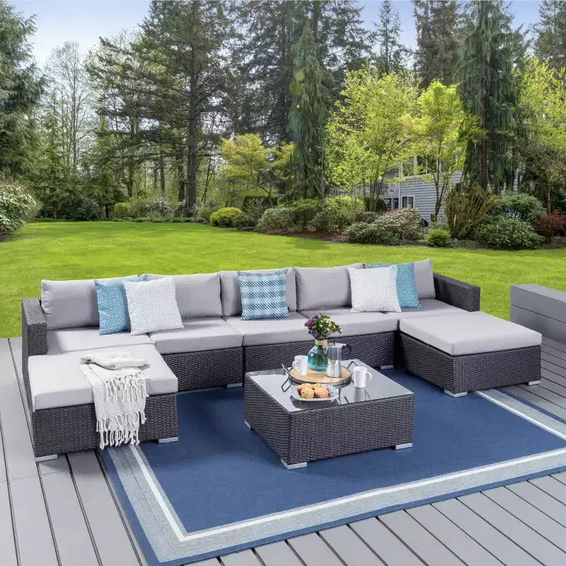 GDFStudio Avianna Outdoor Wicker 5 Seater Sofa Chat Set with Ottomans