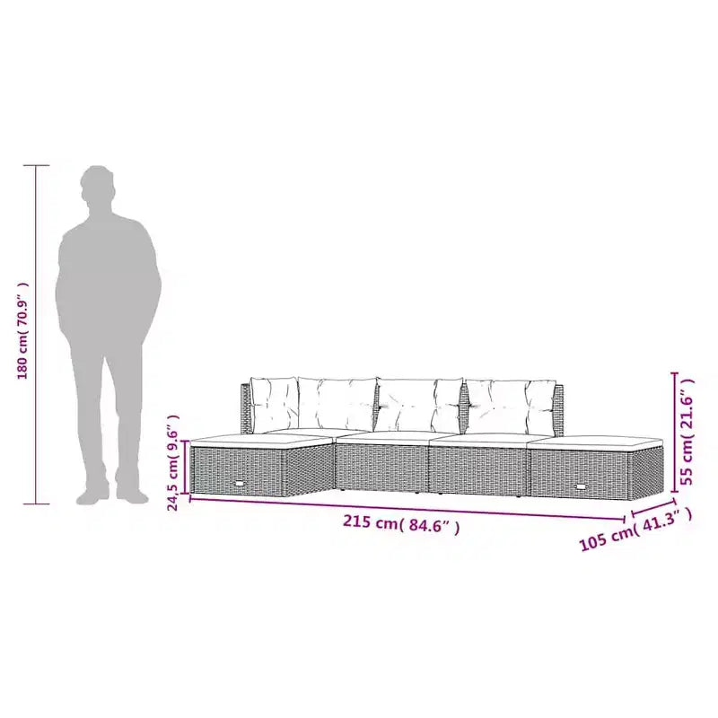 vidaXL Garten-Loungeset Grau PE-Rattan, pulverbeschichteter Stahl 5-teiliges Set