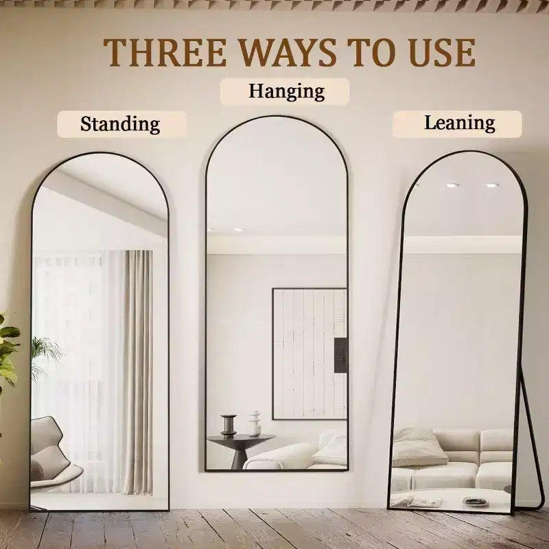 57x22 Ganzkörperspiegel, Wandspiegel zum Aufhängen oder Anlehnen, Ganzkörperspiegel mit Bogenoberteil und Ständer für Schlafzimmer, Ankleidezimmer, Schwarz