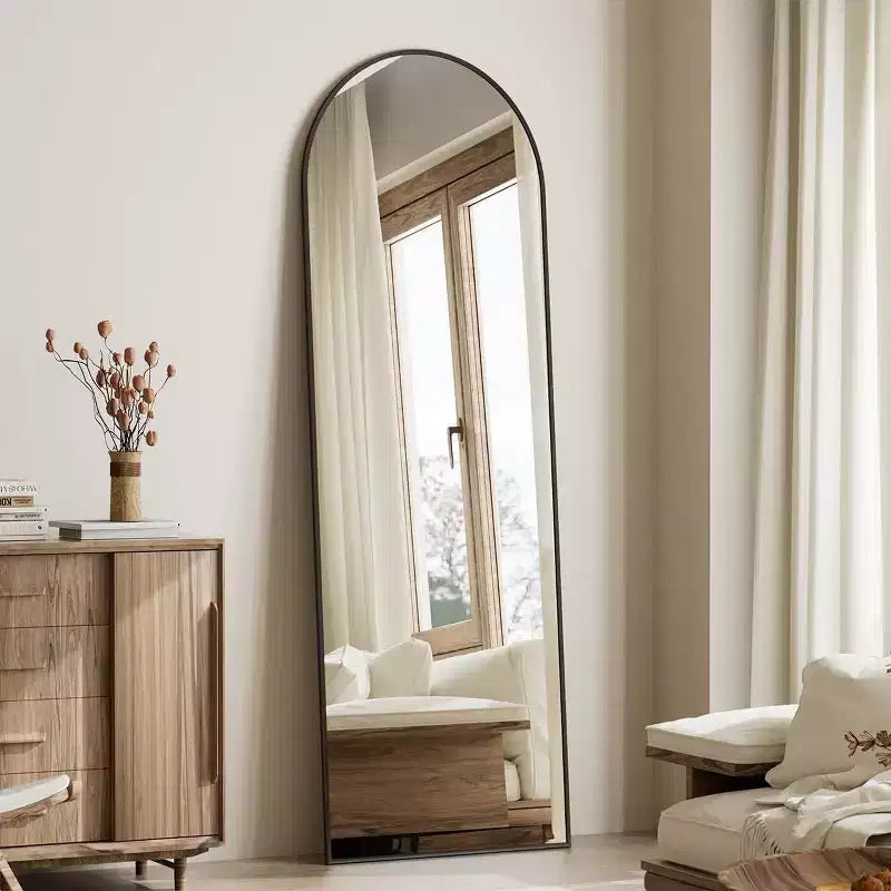 57x22 Ganzkörperspiegel, Wandspiegel zum Aufhängen oder Anlehnen, Ganzkörperspiegel mit Bogenoberteil und Ständer für Schlafzimmer, Ankleidezimmer, Schwarz