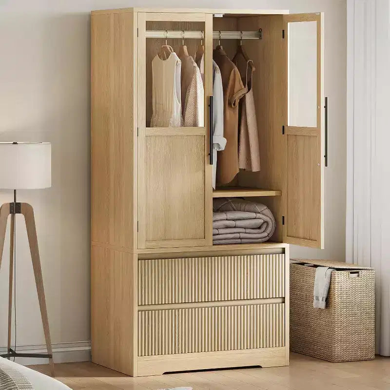 Acekool Wardrobe Closet for Bedroom, MDF & PB Board, Glass Wave Panel Doors, Hanging Rod, 2 Drawers, Shelves,Natural Wood Tone