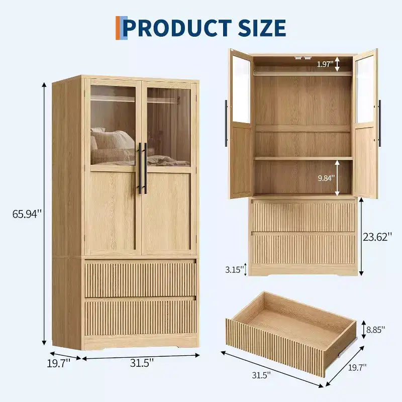 Acekool Kleiderschrank für Schlafzimmer, MDF- & Spanplatte, Wellenfronttüren aus Glas, Kleiderstange, 2 Schubladen, Regale, Naturholzton