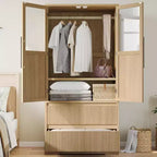Acekool Kleiderschrank für Schlafzimmer, MDF- & Spanplatte, Wellenfronttüren aus Glas, Kleiderstange, 2 Schubladen, Regale, Naturholzton