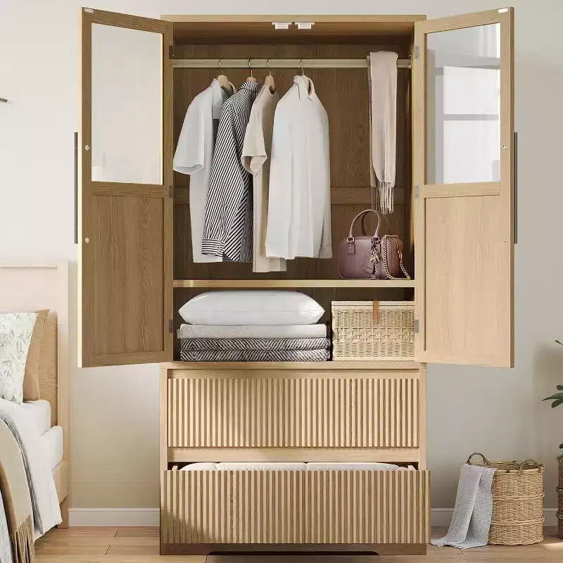 Acekool Kleiderschrank für Schlafzimmer, MDF- & Spanplatte, Wellenfronttüren aus Glas, Kleiderstange, 2 Schubladen, Regale, Naturholzton