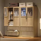 Acekool Kleiderschrank für Schlafzimmer, MDF- & Spanplatte, Wellenfronttüren aus Glas, Kleiderstange, 2 Schubladen, Regale, Naturholzton