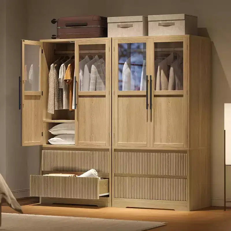 Acekool Kleiderschrank für Schlafzimmer, MDF- & Spanplatte, Wellenfronttüren aus Glas, Kleiderstange, 2 Schubladen, Regale, Naturholzton