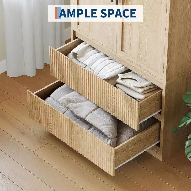 Acekool Kleiderschrank für Schlafzimmer, MDF- & Spanplatte, Wellenfronttüren aus Glas, Kleiderstange, 2 Schubladen, Regale, Naturholzton